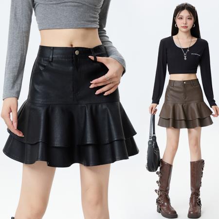 FA52143# 荷叶边PU蛋糕皮裙秋冬新款高腰显瘦百搭A字鱼尾包臀短裙  服裝批發女裝批發服飾貨源