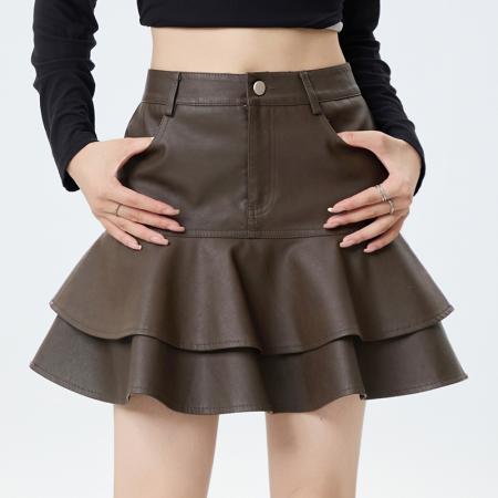 FA52143# 荷叶边PU蛋糕皮裙秋冬新款高腰显瘦百搭A字鱼尾包臀短裙  服裝批發女裝批發服飾貨源