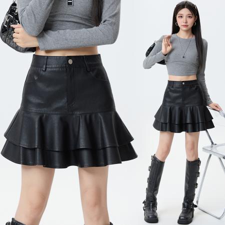 FA52143# 荷叶边PU蛋糕皮裙秋冬新款高腰显瘦百搭A字鱼尾包臀短裙  服裝批發女裝批發服飾貨源