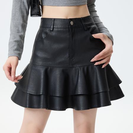 FA52143# 荷叶边PU蛋糕皮裙秋冬新款高腰显瘦百搭A字鱼尾包臀短裙  服裝批發女裝批發服飾貨源