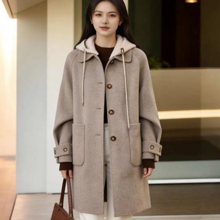 FA52145# 秋冬新款毛呢大衣女高级感慵懒风洋气优雅减龄连帽毛呢外套女  服裝批發女裝批發服飾貨源
