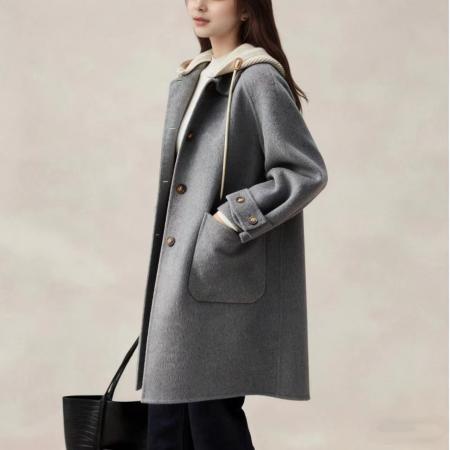 FA52145# 秋冬新款毛呢大衣女高级感慵懒风洋气优雅减龄连帽毛呢外套女  服裝批發女裝批發服飾貨源