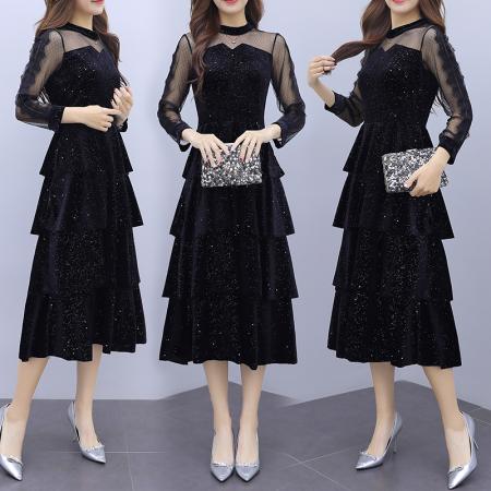 超仙网纱亮片拼接晚礼服连衣裙秋...