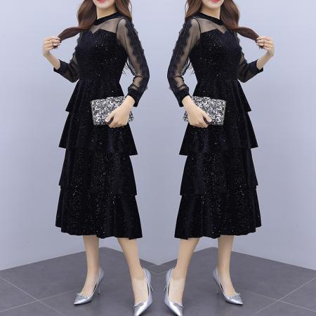 FA52148# 超仙网纱亮片拼接晚礼服连衣裙秋新款收腰显瘦小黑裙  服裝批發女裝批發服飾貨源