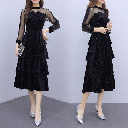 FA52148# 超仙网纱亮片拼接晚礼服连衣裙秋新款收腰显瘦小黑裙  服裝批發女裝批發服飾貨源