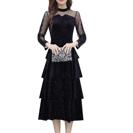 FA52148# 超仙网纱亮片拼接晚礼服连衣裙秋新款收腰显瘦小黑裙  服裝批發女裝批發服飾貨源