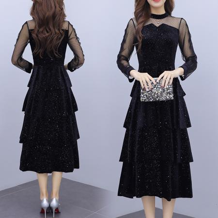 FA52148# 超仙网纱亮片拼接晚礼服连衣裙秋新款收腰显瘦小黑裙  服裝批發女裝批發服飾貨源
