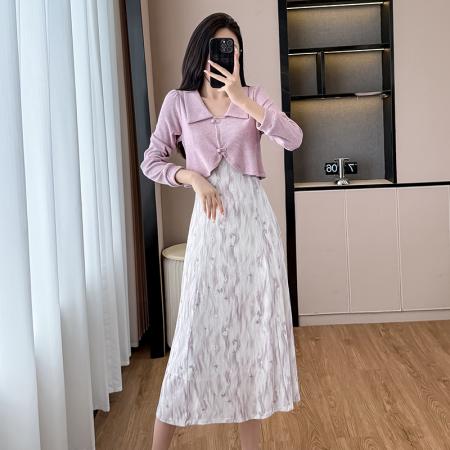 FA52149# 紫色假两件碎花长袖连衣裙女春秋新款裙子独特气质长裙  服裝批發女裝批發服飾貨源