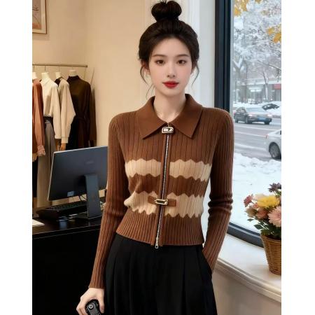 FA52150# 秋冬新款长袖复古棕色撞色针织衫女时尚开衫内搭毛衣打底衫  服裝批發女裝批發服飾貨源