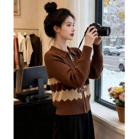 FA52150# 秋冬新款长袖复古棕色撞色针织衫女时尚开衫内搭毛衣打底衫  服裝批發女裝批發服飾貨源