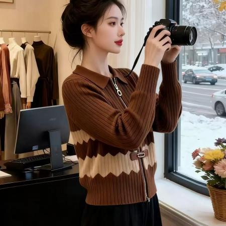 FA52150# 秋冬新款长袖复古棕色撞色针织衫女时尚开衫内搭毛衣打底衫  服裝批發女裝批發服飾貨源
