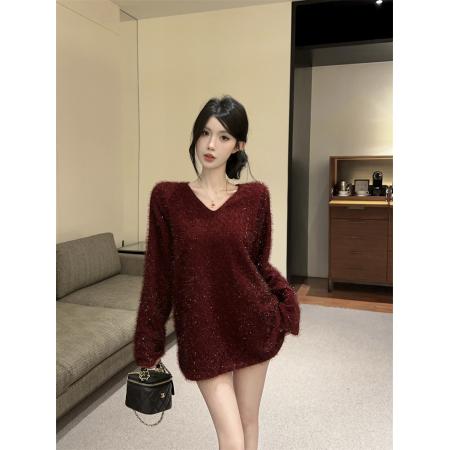 FA52151# 高级感秋冬新款红色V领气质显瘦金丝闪亮长袖上衣女  服裝批發女裝批發服飾貨源