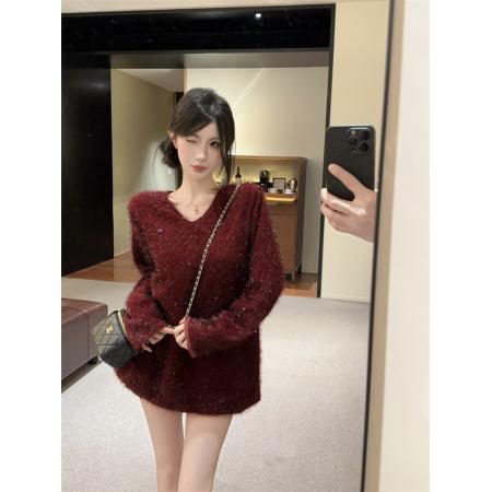 FA52151# 高级感秋冬新款红色V领气质显瘦金丝闪亮长袖上衣女  服裝批發女裝批發服飾貨源