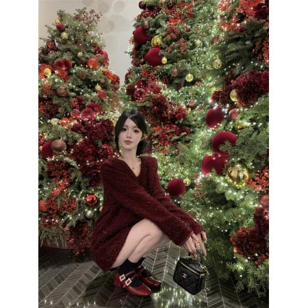 FA52151# 高级感秋冬新款红色V领气质显瘦金丝闪亮长袖上衣女  服裝批發女裝批發服飾貨源