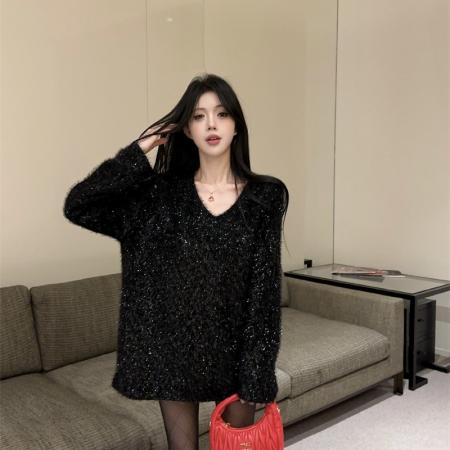 FA52151# 高级感秋冬新款红色V领气质显瘦金丝闪亮长袖上衣女  服裝批發女裝批發服飾貨源