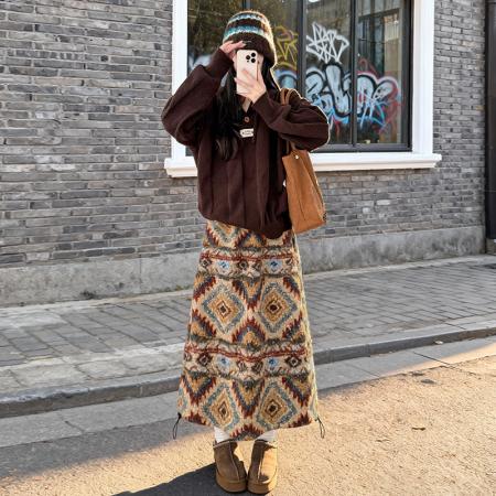 FA52152# 费尔岛民族风半身裙女秋冬摇粒绒风圈长裙慵懒风中长半身伞裙  服裝批發女裝批發服飾貨源