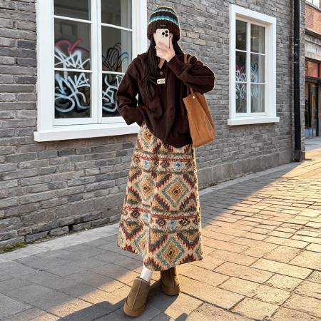 FA52152# 费尔岛民族风半身裙女秋冬摇粒绒风圈长裙慵懒风中长半身伞裙  服裝批發女裝批發服飾貨源