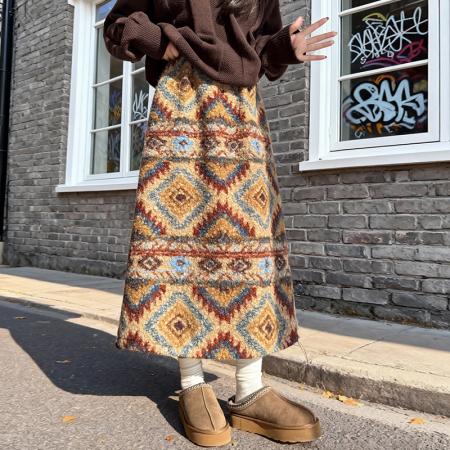 FA52152# 费尔岛民族风半身裙女秋冬摇粒绒风圈长裙慵懒风中长半身伞裙  服裝批發女裝批發服飾貨源