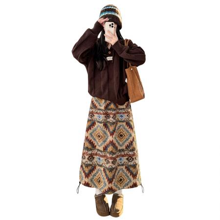 FA52152# 费尔岛民族风半身裙女秋冬摇粒绒风圈长裙慵懒风中长半身伞裙  服裝批發女裝批發服飾貨源