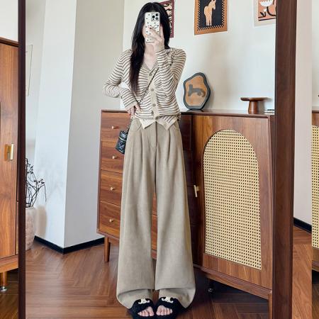 FA52153# 秋冬显瘦高腰简单款窄版裤灯芯绒韩版咖色长裤休闲裤女  服裝批發女裝批發服飾貨源