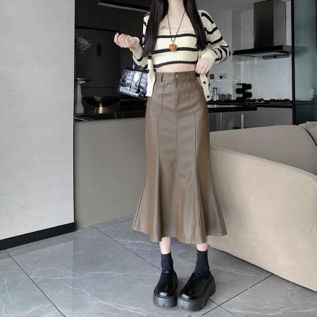 FA52154# 鱼尾裙半身裙女秋季皮裙新款高腰包臀裙A字裙裙子中长裙  服裝批發女裝批發服飾貨源