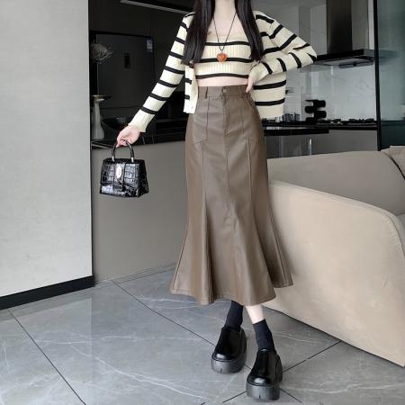 FA52154# 鱼尾裙半身裙女秋季皮裙新款高腰包臀裙A字裙裙子中长裙  服裝批發女裝批發服飾貨源