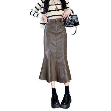 FA52154# 鱼尾裙半身裙女秋季皮裙新款高腰包臀裙A字裙裙子中长裙  服裝批發女裝批發服飾貨源