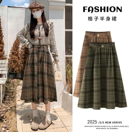 FA52155# 复古毛呢格子半身裙女秋冬新款高腰显瘦a字中长款裙子  服裝批發女裝批發服飾貨源