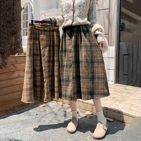 复古毛呢格子半身裙女秋冬新款高腰显瘦a字中长款裙子  服裝批發女裝批發服飾貨源
