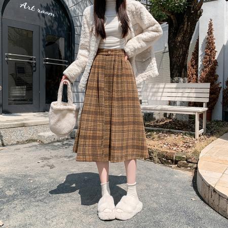 复古毛呢格子半身裙女秋冬新款高腰显瘦a字中长款裙子  服裝批發女裝批發服飾貨源