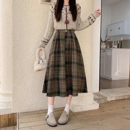复古毛呢格子半身裙女秋冬新款高腰显瘦a字中长款裙子  服裝批發女裝批發服飾貨源