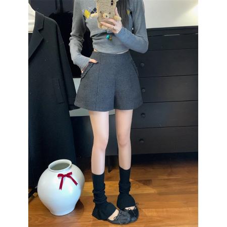 ～大码胖MM修身高腰木耳边口袋呢料短款裙裤  服裝批發女裝批發服飾貨源