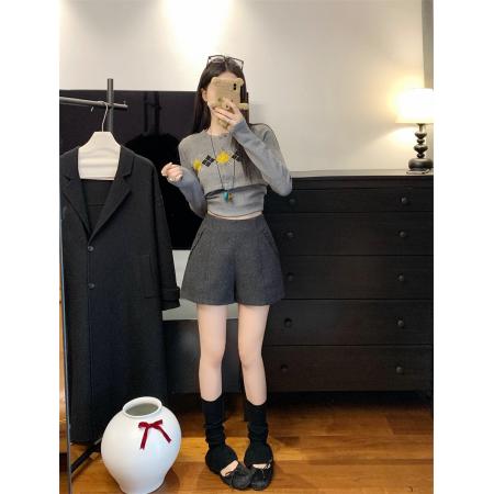 ～大码胖MM修身高腰木耳边口袋呢料短款裙裤  服裝批發女裝批發服飾貨源