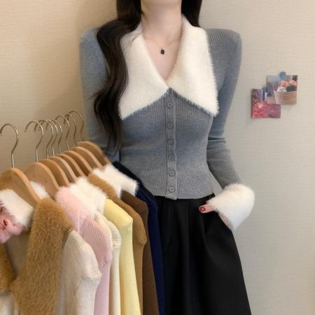 FA52157# 秋冬新款韩系气质翻领甜辣纯欲毛领开衫显瘦短款针织毛衣  服裝批發女裝批發服飾貨源