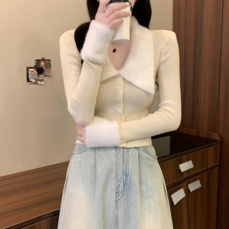 FA52157# 秋冬新款韩系气质翻领甜辣纯欲毛领开衫显瘦短款针织毛衣  服裝批發女裝批發服飾貨源