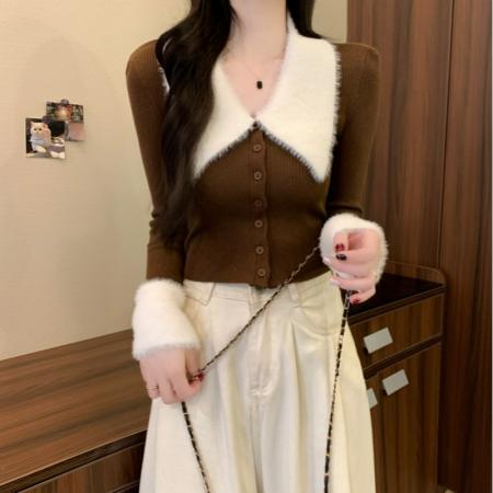 FA52157# 秋冬新款韩系气质翻领甜辣纯欲毛领开衫显瘦短款针织毛衣  服裝批發女裝批發服飾貨源