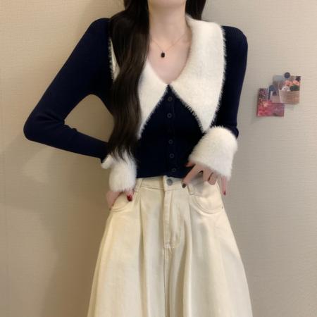 FA52157# 秋冬新款韩系气质翻领甜辣纯欲毛领开衫显瘦短款针织毛衣  服裝批發女裝批發服飾貨源