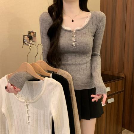 FA52158# 韩系ins镂空蕾丝拼接纯欲气质修身显瘦百搭针织内搭上衣  服裝批發女裝批發服飾貨源