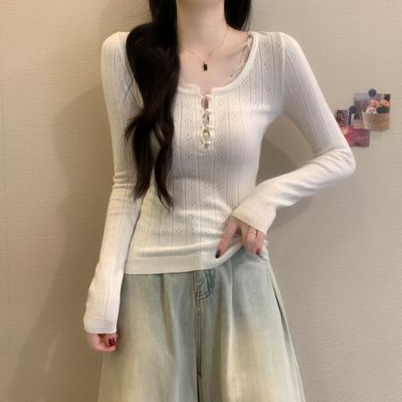 FA52158# 韩系ins镂空蕾丝拼接纯欲气质修身显瘦百搭针织内搭上衣  服裝批發女裝批發服飾貨源