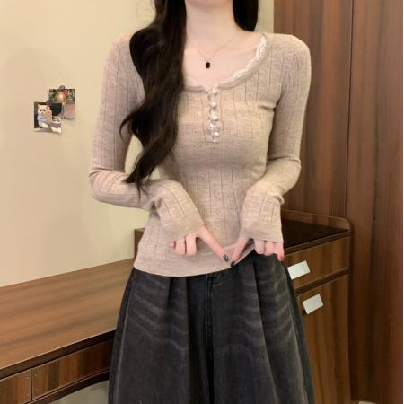 FA52158# 韩系ins镂空蕾丝拼接纯欲气质修身显瘦百搭针织内搭上衣  服裝批發女裝批發服飾貨源