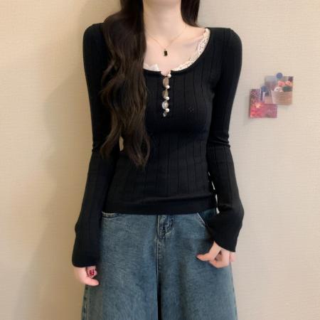 FA52158# 韩系ins镂空蕾丝拼接纯欲气质修身显瘦百搭针织内搭上衣  服裝批發女裝批發服飾貨源