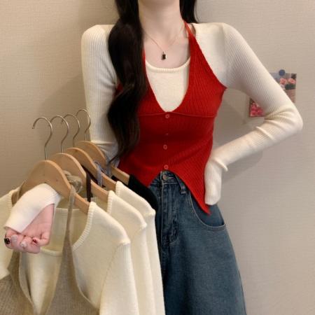 秋冬新款韩系甜辣收腰挂脖假两件...