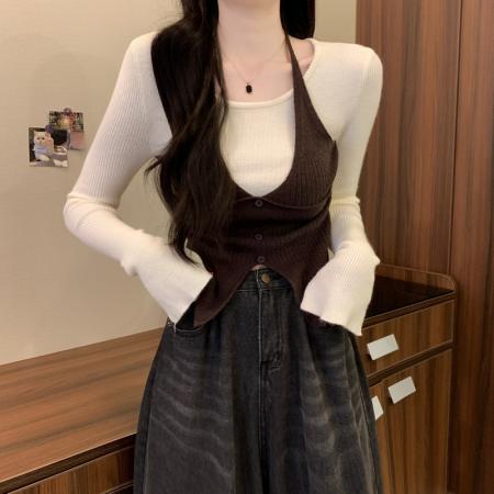 FA52159# 秋冬新款韩系甜辣收腰挂脖假两件修身显瘦百搭针织内搭  服裝批發女裝批發服飾貨源
