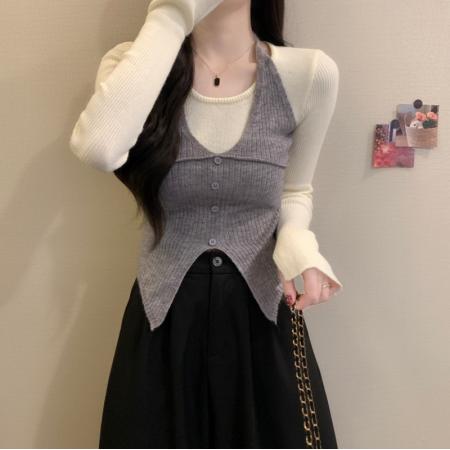 FA52159# 秋冬新款韩系甜辣收腰挂脖假两件修身显瘦百搭针织内搭  服裝批發女裝批發服飾貨源