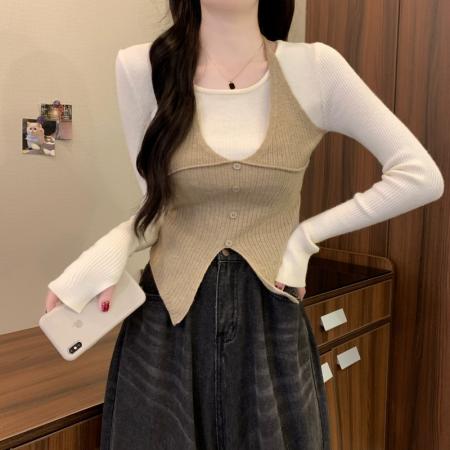 FA52159# 秋冬新款韩系甜辣收腰挂脖假两件修身显瘦百搭针织内搭  服裝批發女裝批發服飾貨源