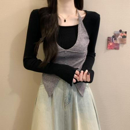 FA52159# 秋冬新款韩系甜辣收腰挂脖假两件修身显瘦百搭针织内搭  服裝批發女裝批發服飾貨源