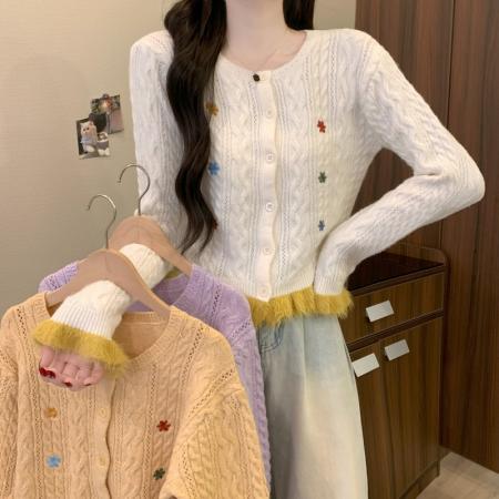 FA52160# 冬季新款韩版温柔撞色木耳边多巴胺时尚气质刺绣针织毛衣  服裝批發女裝批發服飾貨源