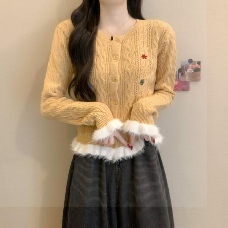 FA52160# 冬季新款韩版温柔撞色木耳边多巴胺时尚气质刺绣针织毛衣  服裝批發女裝批發服飾貨源