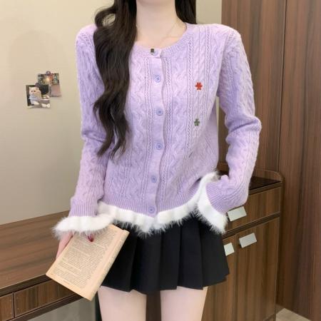 FA52160# 冬季新款韩版温柔撞色木耳边多巴胺时尚气质刺绣针织毛衣  服裝批發女裝批發服飾貨源