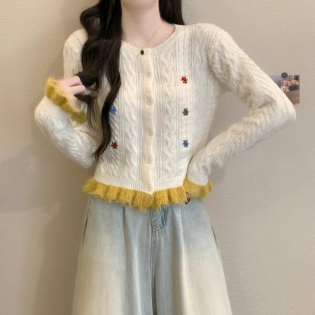 FA52160# 冬季新款韩版温柔撞色木耳边多巴胺时尚气质刺绣针织毛衣  服裝批發女裝批發服飾貨源